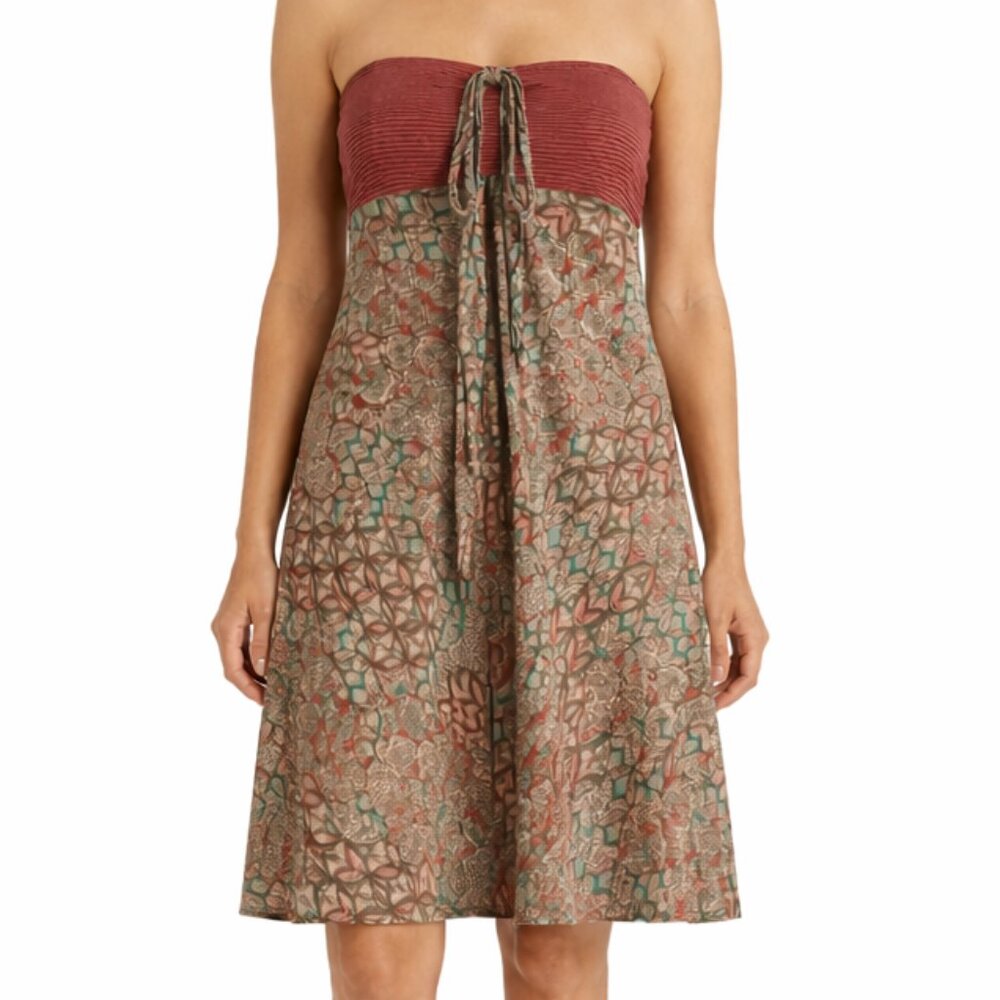 Patagonia Kamala Convertible Boho Red Tan Tie Halter Dress Midi Skirt Size S